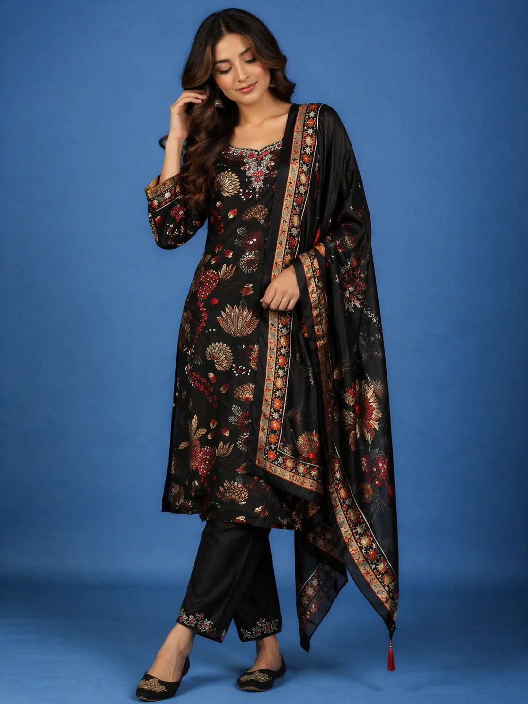 Black Floral Designed Semi Silk Salwar Suit